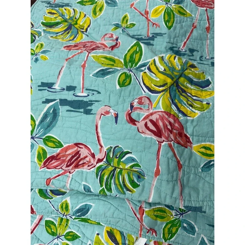 C&F Home Flamingo Tropical Reversible queen Quilt Bedspread Aqua Pink w/shams